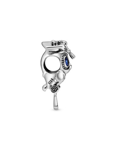 Charm Pandora de plata Graduación Buho con cristal azul estelar y birrete