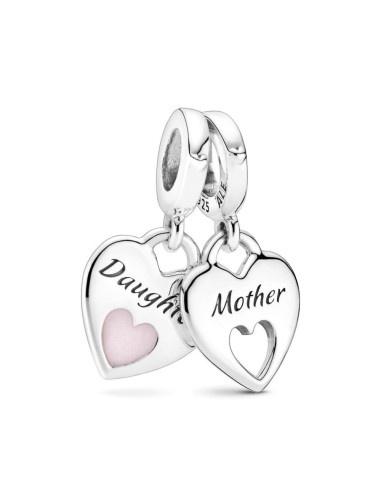 Corazones de Madre e hija colgante partido de plata de ley con esmalte rosa brillante