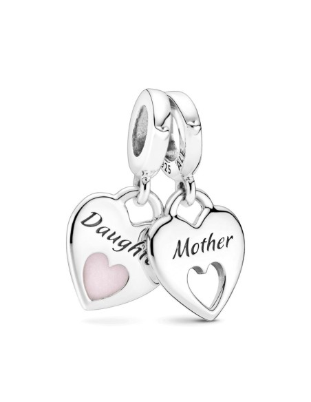 Corazones de Madre e hija colgante partido de plata de ley con esmalte rosa brillante